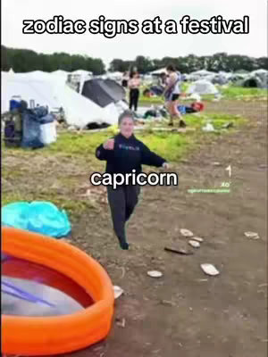 The cover image shows a girl walking towards the camera in a field, with tents behind and an inflatable pool in front of her. A text overlay reads 'zodiac signs at a festival'. The word 'capricorn' is superimposed beneath the girl. The overall composition is casual and slightly out of focus, suggesting a candid moment amid a festival setting.