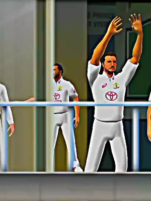 A stylized, animated depiction of a cricket match. The image shows cricket players in white uniforms with the Toyota logo. The foreground features a player with arms raised in celebration, and two other blurred players.