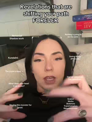 A young woman is centered in a soft-lit image, gazing directly at the camera. Overlaid on the scene are various textual prompts scattered around her face, such as “Alchemist,” “Kundalini,” and “Snakes.” The background softly displays a glimpse of a bookshelf.
