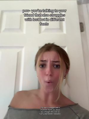A woman with light brown hair is positioned in front of a white door. She looks at the camera with a surprised expression and her mouth slightly open. The text overlay adds context and prompts the tone of the video.
