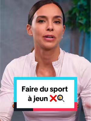 A woman with dark hair is centered in the frame, looking slightly upward. A vertical rectangular box in the lower third of the screen that reads 'Faire du sport à jeun' in large white text, with a large red X crossed with a fried egg and a magnifying glass.