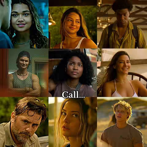A grid layout featuring nine different images of characters from the TV show Outer Banks, with the text "Call..." overlaid in a text box in the middle of the image