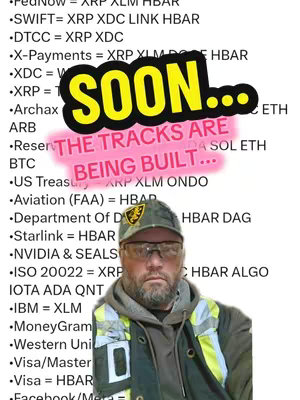 The image is a selfie-style shot of a man wearing a camouflage baseball cap, glasses, and a vest. He has a beard and is looking directly at the camera. Behind him, a list of text is displayed, likely related to crypto projects, with added text as overlays.