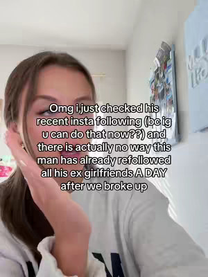 A woman in a white long-sleeve shirt films herself from the chest up, with her hand raised near her face, partially obscuring the view. Text overlayed on the image includes personal reflections and information.