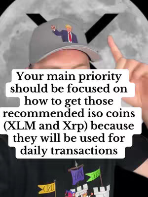 The image features a person in the foreground with a hat, pointing. Behind the person is part of a moon with a superimposed 'XRP' icon. White text bubbles with the main hook are in the foreground. The background has a blurred moon shape.