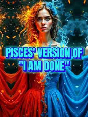 A visually dynamic cover image. The central focus is a woman with fair skin, long wavy hair, and blue eyes. Her hair is split with one half appearing to be engulfed in orange flames, and the other half flowing with blue water-like effects. Behind her, a vibrant fractal background further enhances the theme. The woman wears a somewhat transparent strapless dress, split into red and blue sections, aligning with her hair's color scheme. In the center, a large, outlined text overlay proclaims "PISCES' VERSION OF "I AM DONE". The overall composition is striking and thematic, with a strong use of visual metaphors. 