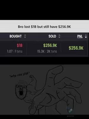 The cover image shows a meme about crypto trading losses. It depicts an image of trading data displaying a loss of a billion dollars but still having a balance of $256.9K. The bottom of the image features a cartoon figure looking shocked and extending a hand towards the viewer, over a dark background.