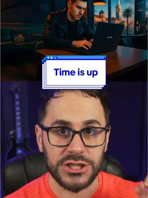 The cover image is split into two sections, with a man in a leather jacket typing on a laptop in the top section. Below, a man in glasses addresses in the bottom section, and a text overlay reading "Time is up" in a faux Windows-style box bridging the two sections.