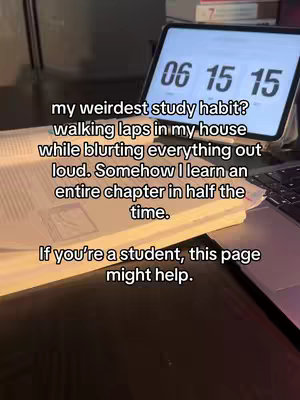 A close-up shot of a book, a laptop, and a tablet with the time 06:15:15 displayed. Text overlays the image describing a study habit. The background is blurred, and the composition has a slightly tilted angle.