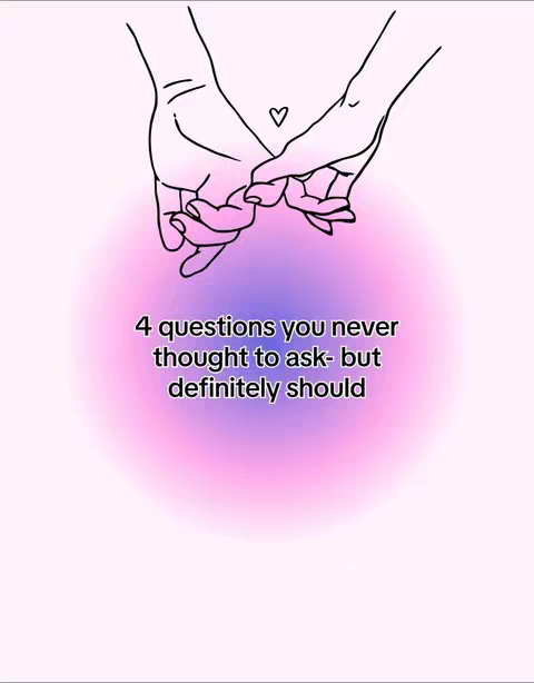 An image displaying two hands drawn in a minimalist style, their index fingers touching. A heart shape appears between the hands. The background is a soft gradient of pink, purple, and blue. Text overlayed on the image reads: '4 questions you never thought to ask- but definitely should'.