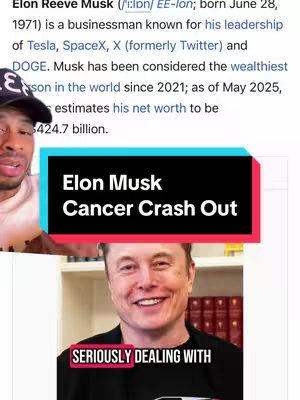 The cover image is a split screen. On the left, there's a screenshot of an article about Elon Reeve Musk, including a photo of the creator on the bottom left of the frame. Overlaid on this side is a black box with white text that reads: "Elon Musk Cancer Crash Out."