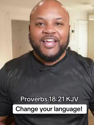 A man with a bald head and a beard is smiling into the camera, wearing a black shirt. Text overlays include a Bible verse reference and the phrase "Change your language!"