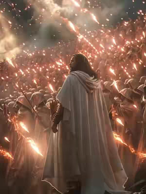 An artistic rendering of Jesus standing with his back to the viewer, facing a large crowd of soldiers. He is dressed in a white robe with a hood, and his hands are partially obscured by the fabric. The soldiers, also in white, appear to be holding torches, creating a celestial display. The backdrop is a cloudy, colorful sky.