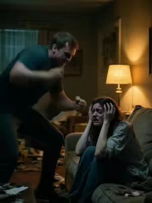 A dimly lit living room scene. A man, seen from the chest up, is leaning towards a woman seated on a couch, his arm raised as if about to strike her. The woman is hunched over, with her hands covering her face in a gesture of fear or distress.