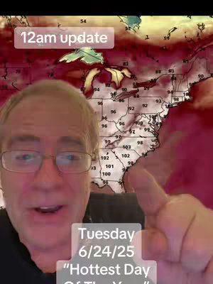 A man with glasses is giving a thumbs-up in front of a weather map indicating high temperatures. Text overlays state '12am update' and 'Tuesday 6/24/25 "Hottest Day Of The Year"'.