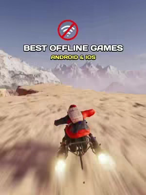 A vertically oriented video cover image shows a person riding a futuristic-looking motorcycle across a desert landscape. The background features mountains and a blue sky. Text overlayed on the image reads 'BEST OFFLINE GAMES' with 'ANDROID & IOS' beneath it.  A 'no wifi' icon is in the top left corner.