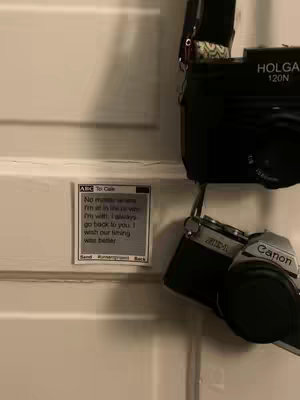 The cover image shows a close-up of a white door with a sticker that looks like a text message. Next to it sit dangling cameras.