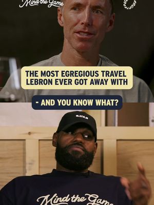 The cover image is a vertical composition. The top half shows a close-up of a Caucasian man with short hair, a neutral expression, and a blurry background. Below, the bottom half displays a close-up of a Black man wearing a black cap and a navy blue shirt. The text overlay includes the text 'THE MOST EGREGIOUS TRAVEL LEBRON EVER GOT AWAY WITH' and '- AND YOU KNOW WHAT?'. There are logos located in the top left and right corners of the image.