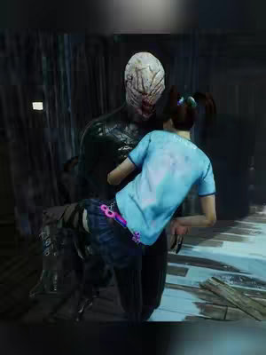 A scene from a video game where a monstrous character in black leather armor is holding a female character in a blue shirt and a short denim skirt. They are in a dark, grimy environment.