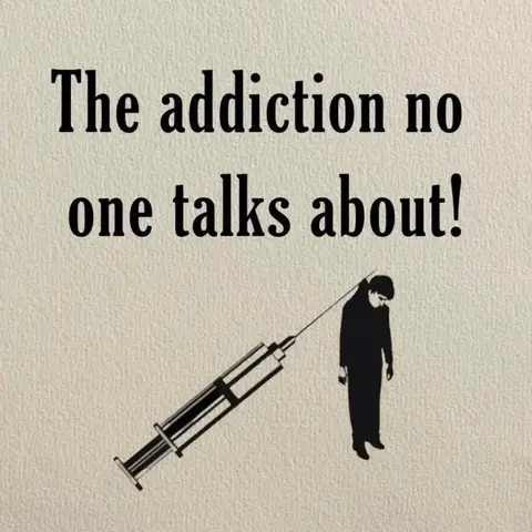 The image features a monochromatic illustration against a textured, light beige background. The central focus is a large syringe with a needle pointed towards a figure of a person in the style of a silhouette. The person is dark with a slumped posture, suggesting despair. Above the figure, the needle tip indicates it's connected, implying dependence or control. The text overlayed on top reads 'The addiction no one talks about!' in a bold, sans-serif font.