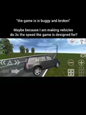 The image shows a car game scene with a black SUV on a road. Text overlays explain the game's bugginess and the player's actions. The layout includes road elements, UI components, and a sky background.