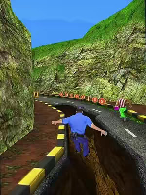 The cover image depicts a scene from a game. A central figure in a blue uniform and hat is mid-air, positioned above a chasm in the road. Another figure in a striped shirt and green bottoms runs along the road to the right. The road splits, and there are coins in the air. The background features green cliffs and blue sky. The overall composition suggests action and movement.