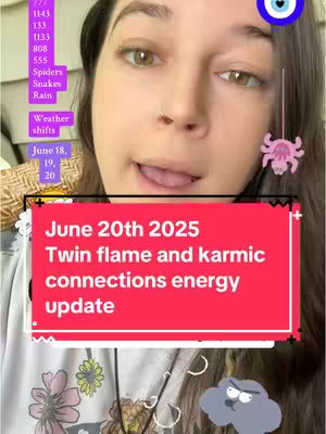 A selfie-style video cover with a woman's face as the primary focus. She is smiling and looking towards the camera, with her mouth slightly open. Overlayed on the image is a bright red rectangular box containing the text "June 20th 2025 Twin flame and karmic connections energy update". Additional text and symbols are placed around the woman's face, including a list of numbers and words in a purple box (1143, 133, 1133, 808, 555, Spiders, Snakes, Rain, Weather shifts, and June 18, 19, 20). A small cartoon cloud is on the bottom, and a small spider shaped earring in the right corner.