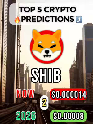 The image is a vertical graphic with a cityscape background and overlaid text and graphics. It features a Shiba Inu dog logo in the center, the text "TOP 5 CRYPTO PREDICTIONS" at the top, and price predictions below. The color scheme is a mix of greens, reds, and whites with a sunset style background.