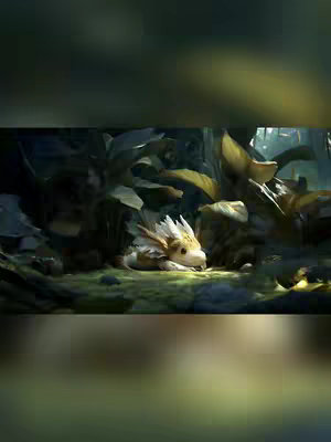 An illustration of a dragon-like creature resting in lush greenery. The creature has white and yellow coloring and large, feathery fins. The background is a blurred mix of greens and browns suggesting a forest environment.