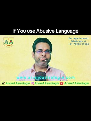 The cover image shows a man in a pink shirt with glasses, against a gradient yellow background. Text overlays include the hook "If you use Abusive Language" at the top, and contact information and social media handles at the bottom.