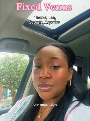 The cover image shows a woman in a car, with text overlays. The woman appears to be looking slightly to the side, with the car's sunroof visible above. The background is blurred, suggesting it's being filmed on the go. Text overlays include "Fixed Venus" and zodiac signs.