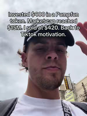 A man in a white t-shirt and black cap is filming in front of a blurred city street scene. Text overlayed on the image details a crypto investment and result.