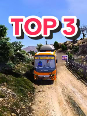 The cover image shows a bus driving on a dirt road in a mountainous landscape. At the top is a red and white text overlay that says'TOP 3'. The bus is orange and white with an Indian name writen on it. The road and environment look realistic in a computer-generated way.