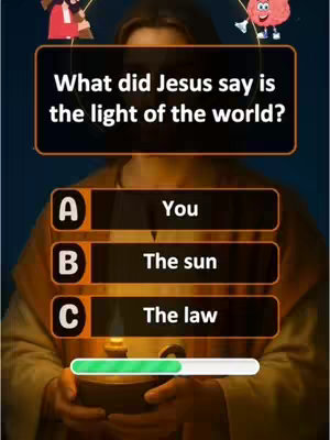 The image shows a quiz format with text and answer options over an image of a person holding a candle and a progress bar. There are two cartoon images on the top representing a person praying and a brain icon. The background seems blurred with shades of brown.