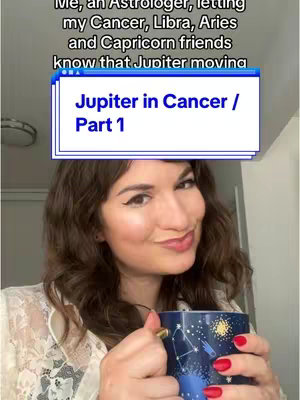 A medium shot shows a woman holding a patterned mug, smiling and looking at the camera. Text overlays are at the top, and background elements are subtly visible.
