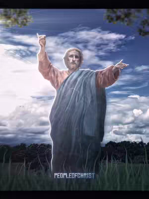 An illustrated image depicting Jesus with his arms outstretched and pointing upward. He is wearing a red robe and blue cloth and is set against a backdrop of a cloudy, blue sky with trees and grass in the foreground.