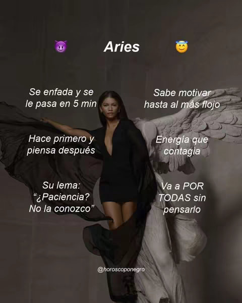 The image shows a woman in a black dress with a stylized winged statue and text overlay. The woman is positioned centrally, with her arm extended to the side. The wings of the statue are partially visible on the right. Text is arranged around the woman, describing traits associated with the Aries zodiac sign.