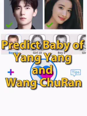 The cover image shows a split layout. The top half features the headshots of a man on the left and a woman on the right, each with a green checkmark overlaid on their respective images. The bottom half contains overlaid text in a gold font that reads 'Predict Baby of Yang Yang and Wang ChuRan.' Below this text, there is an image of a heart-shaped symbol over a blue circle, and there are icons suggesting AI related features alongside the names to build out the baby AI based on the couples' faces.