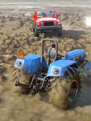 The cover image shows a blue tractor stuck in muddy terrain, with a red SUV positioned behind it in a sandy landscape. The tractor has driver, while the SUV is empty. Overhead, the sky is a beige color, creating depth.