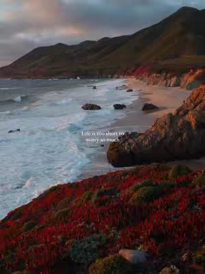 A scenic landscape featuring a beach, ocean, and mountains under a cloudy sky. The foreground has colorful red and green vegetation. Text overlayed in the image says 'Life is too short to worry so much.'