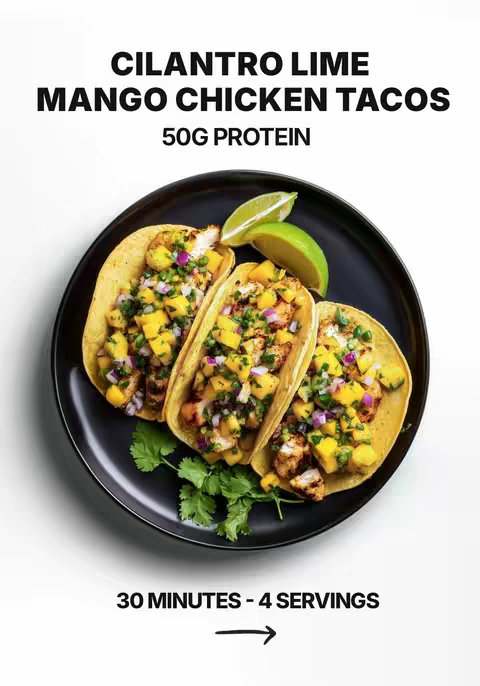 A top-down shot features three tacos artfully arranged on a black plate against a white background. The tacos are filled with what appears to be lime-marinated chicken and a vibrant mango salsa. Lime wedges and sprigs of cilantro provide fresh accents.
