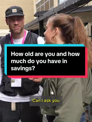 A man wearing a black cap and vest and talking to a woman who has her back to the camera. Text overlay on the screen asks age and savings amount, with a smaller text bubble asking to ask.