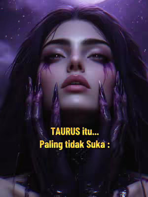 A stylized digital artwork depicts a dark-haired woman with a pale complexion, heavy eye makeup, and dark, almost claw-like purple hands reaching up towards her face. The background is a blurred gradient of purple hues with a full moon peeking through the dark sky above. Yellow text overlays the image.