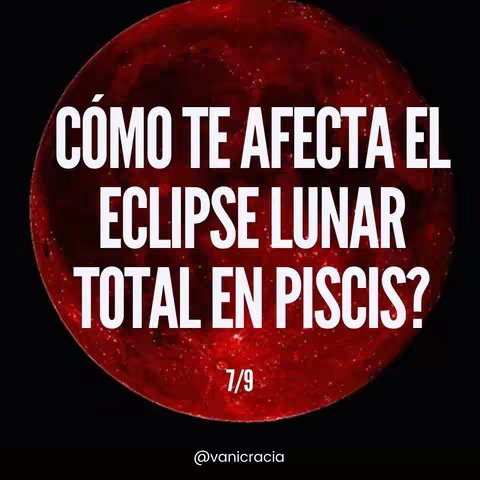 The cover image features a red, textured background resembling a planet or a celestial body, with a large white text overlay. The text asks a question about how the lunar eclipse affects people, specifically in the sign of Pisces. At the bottom, there's another text element indicating a page number or a section identifier (7/9). The upper-right section is dark due to the shadow.