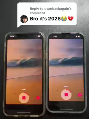 The image showcases two iPhones side by side, each displaying a beach scene wallpaper. A speech bubble with text is positioned above the phones. Overlay video controls are visible on the screens, indicating an active video recording.