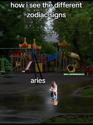 The cover image shows a playground with a child on a swing. The ground appears wet, possibly after rain. Text overlays the image, with the words "how I see the different zodiac signs" at the top and "aries" near the bottom. The playground equipment is colorful, and the overall scene has a slightly blurred, dreamlike quality.