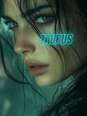 The cover image features a close-up of a woman's face, lit with a cool teal hue. The woman's hair is wet and styled back, partially obscuring her face. She's looking off to the side, and the word "TAURUS" is superimposed on her forehead in a neon teal font. The overall composition is dramatic and cool-toned.