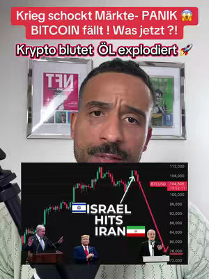 A man with a mustache is centered in a selfie-style video, against a background of two framed pictures, one with the letters "NFT" in a red and white design. Below the man, there is a overlay showing a stock chart, along with images of Benyamin Netanyahu, Donald Trump, and Ebrahim Raisi