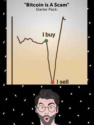 The cover image is a meme-style graphic. The top part features a chart with a downward trend followed by a sharp increase. Text overlays read "'Bitcoin is A Scam' Starter Pack:" above the chart and "I buy" and "I sell" are placed at points on the chart. The bottom portion depicts a cartoon illustration of a man with glasses, a beard, and an open-mouthed expression of shock. The background consists of a black surface with small white dots.