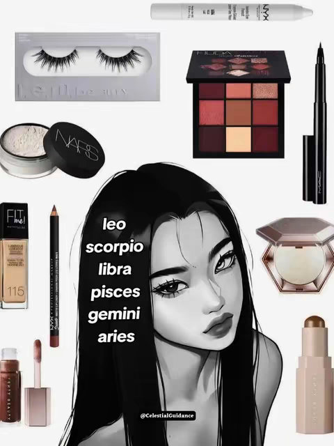 A grayscale illustration featuring an animated female character in the center, framed by various makeup products such as eyeshadow, foundation, lipstick, and brushes. Text overlays include a list of zodiac signs: Leo, Scorpio, Libra, Pisces, Gemini, Aries, and the creator's username.